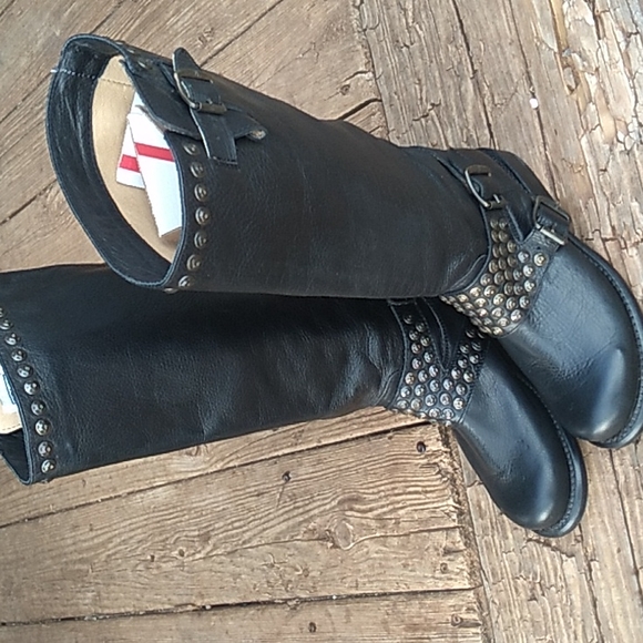 Womens Frye Jenna Studded Tall Distressed Moto Boot Black 6 - Picture 3 of 8